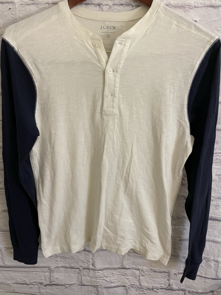 J.Crew Henley Shirt Mens Small Ivory Navy Raglan Long Sleeve Tee Colorblock