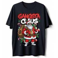 Gangsta Claus T-Shirt Graffiti Hip Hop Santa Christmas Money Bag Bling Tee