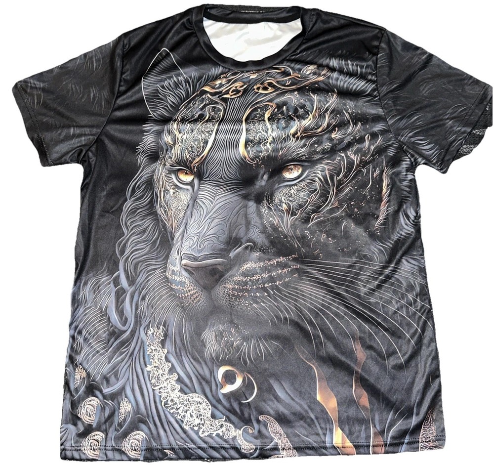 Panther Lion Print Tees Tops Summer Casual Animal Men size L