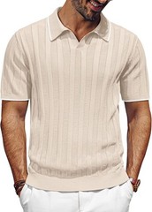 Mens V-Neck Knit Polo Shirt Textured Lightweight Breathable Summer Casual Top