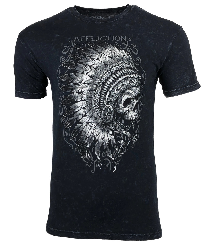 AFFLICTION Men’s T-shirt APACHE BLACK LAVA Indian Skull Motorcycle Biker S-4XL