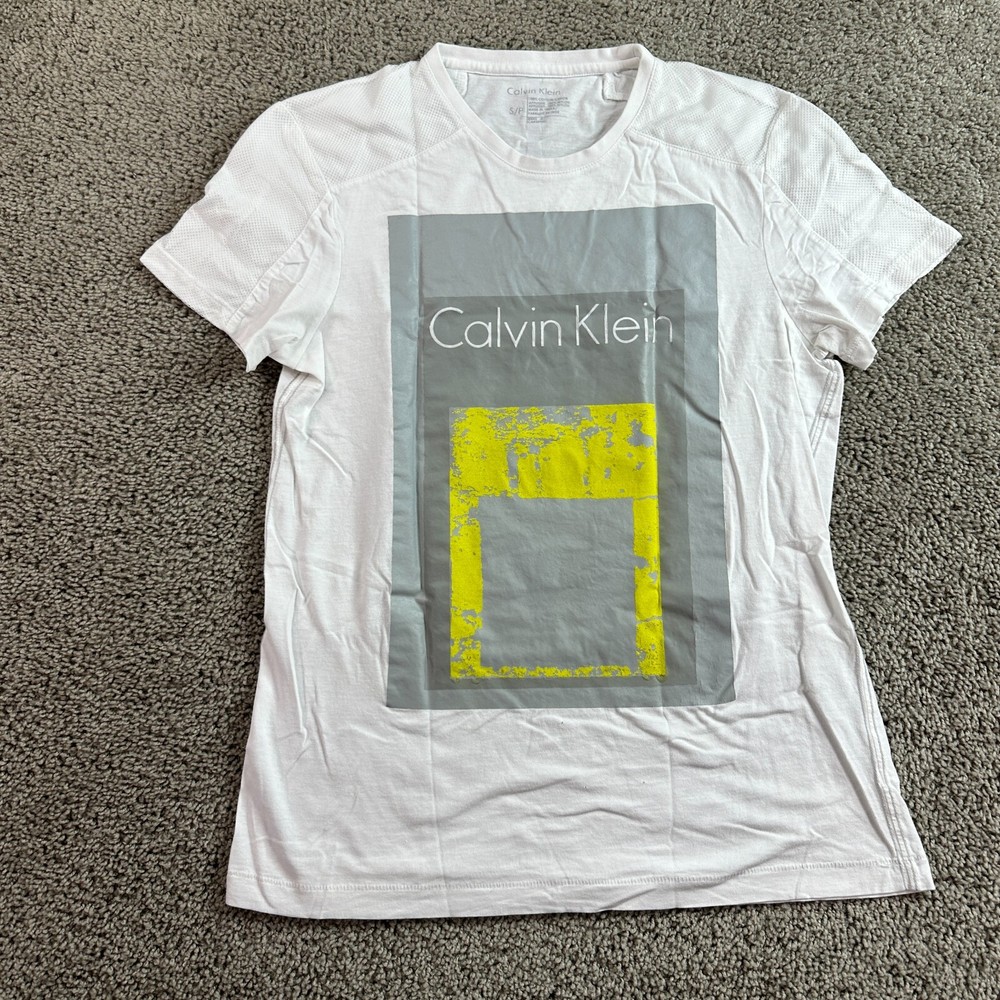 Calvin Klein Shirt Mens Small White Gray Square Block Short Sleeve Casual FLAW