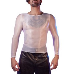 See Through Men’s Sheer Tights Oil Shiny Long Sleeve Top O Neck Sexy Lingerie