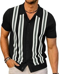 Mens Vintage Striped Knitted Polo Shirt Short Sleeve Button Down Golf Casual Top