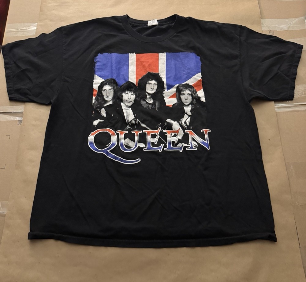 Queen Black Rare Concert Band T-Shirt Freddie Mercury British Flag Vintage Sz XL