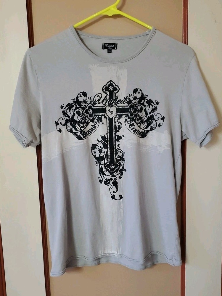 UNIFIED Gray Floral Cross Graphic Motif T Shirt Mens Sz Sm Designer Hand Crafted
