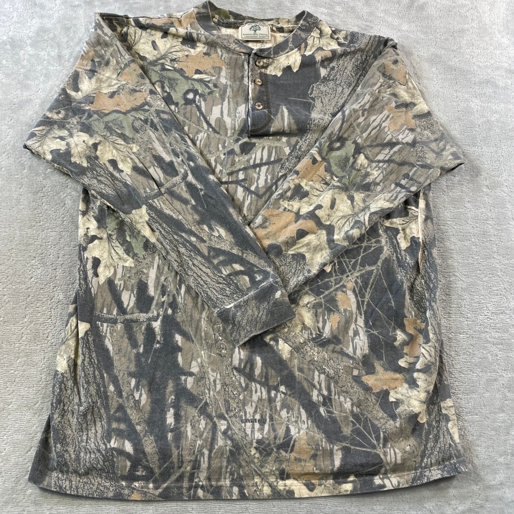 Vintage Mossy Oak Camo Henley Shirt Mens 2XL Long Sleeve Outdoor USA 90s