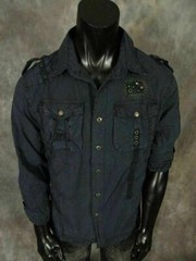 Mens Safari Button Shirt Pleated Pockets Studded Accents with Pin-Up Sleeves
