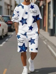 Fashion Men’s Black and White Flower Graphic Print T-shirt Shorts 2-piece Set