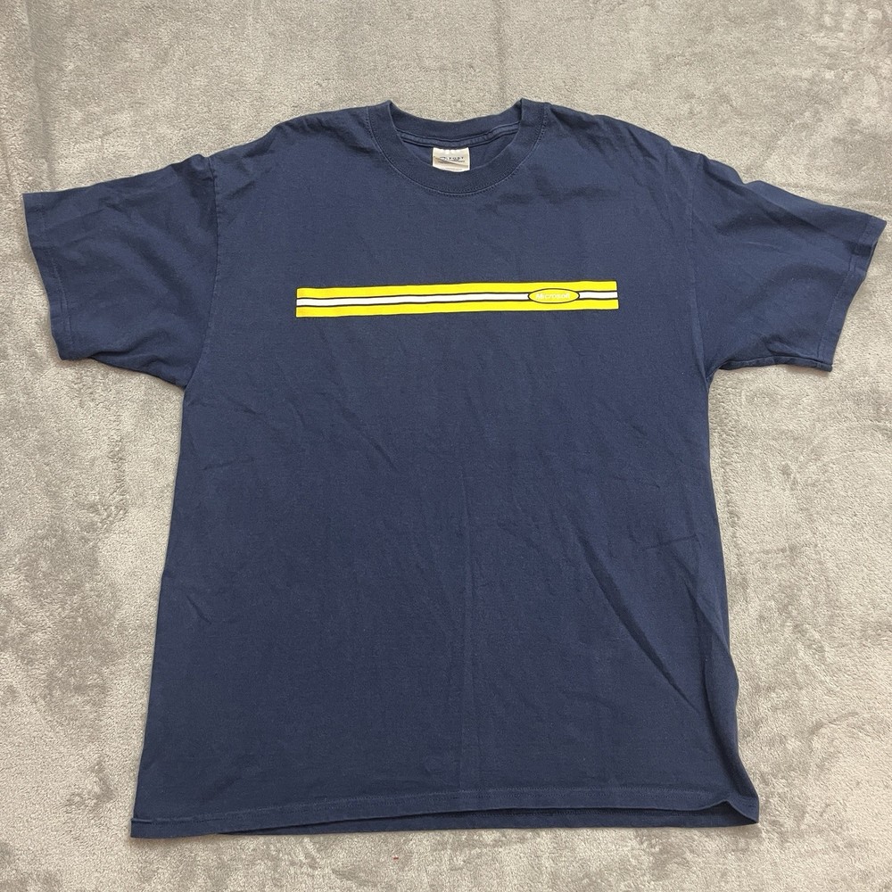 Vintage Microsoft Corporate Promo Tee – Navy Blue Yellow Bar Logo – Size Large