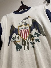 Vintage 90s Tommy Hilfiger Patriotic Eagle Crest Ringer T-Shirt White Blue Red L