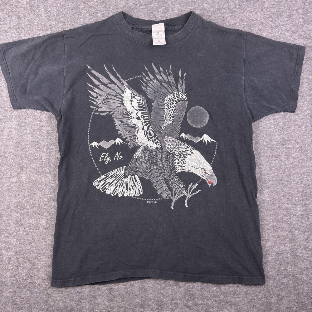 Vintage Fruit Of The Loom Shirt Mens Large Black Ely NV Bald Eagle Graphic Tee