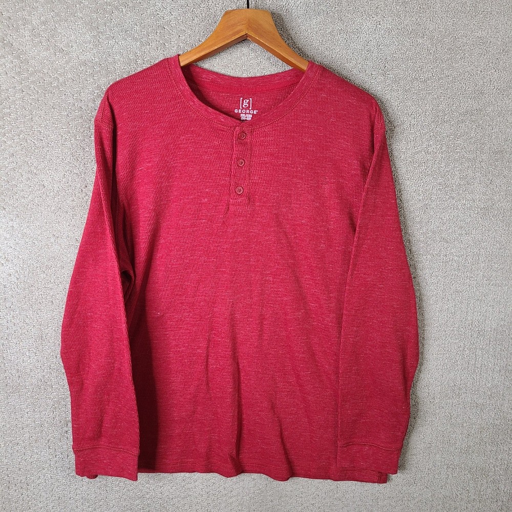 George Shirt Mens XXL Red Waffle Knit Henley Long Sleeve Cotton Blend Thermal