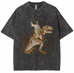 Men’s Multicolor Jesus Dinosaur Graphic Print Crew Neck Short Sleeve T-Shirt L