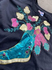 Vintage Custom Hanes Shirt Mens XL Black Western Boot Floral Glitter Graphic Tee