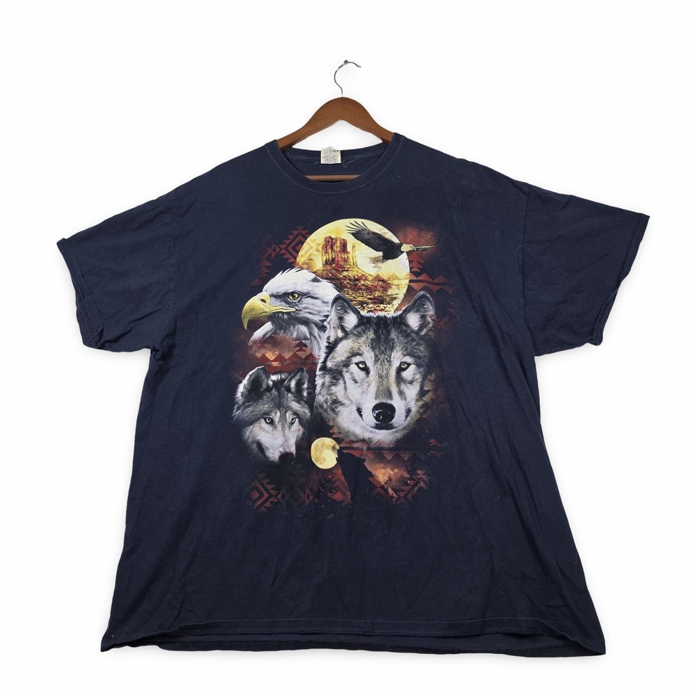 Wolf Eagle Moon Desert Nature Graphic Tee Navy Blue Mens Size 2XL Southwestern