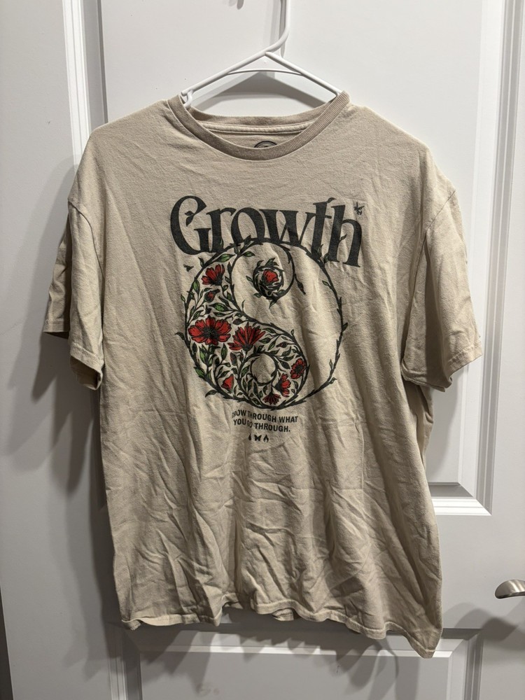 DOM Humor Growth Floral Yin Yang T Shirt Mens Large Beige Graphic Streetwear