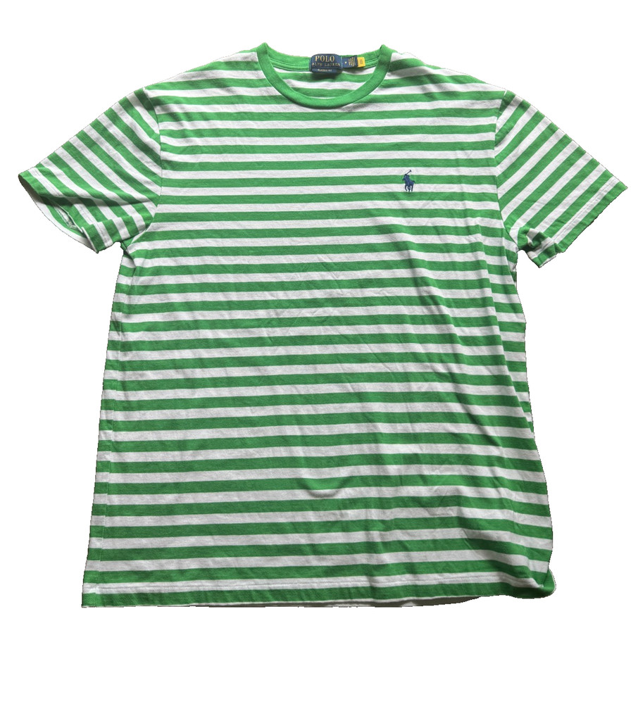 Polo Ralph Lauren Classic Fit Green White Striped Tee Shirt Medium Mens Preppy