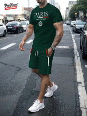 Fashion Paris Print T-Shirt Shorts 2-Piece Set Men’S Short Sleeve Tee Elastic Wa