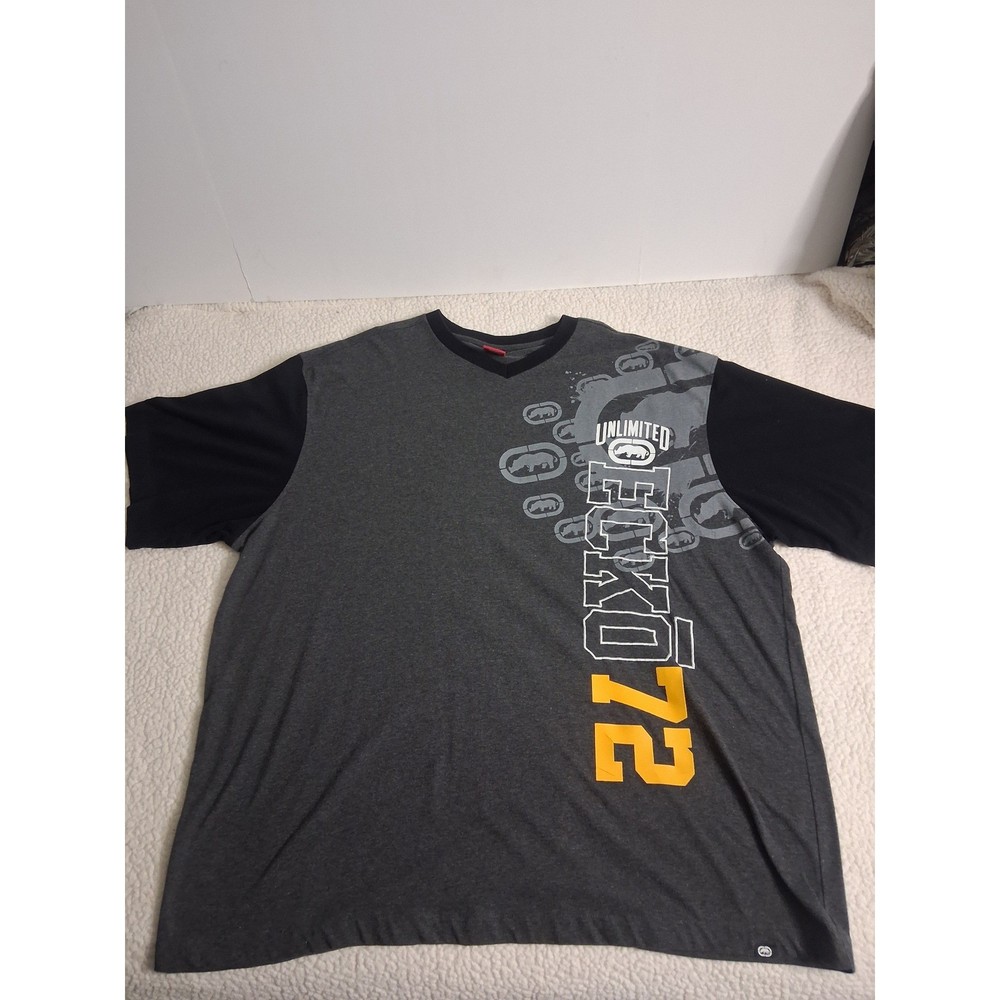 Ecko Unltd Mens 4XB T-Shirt Gray Black Graphic Rhino Logo V-Neck Big & Tall 4XL