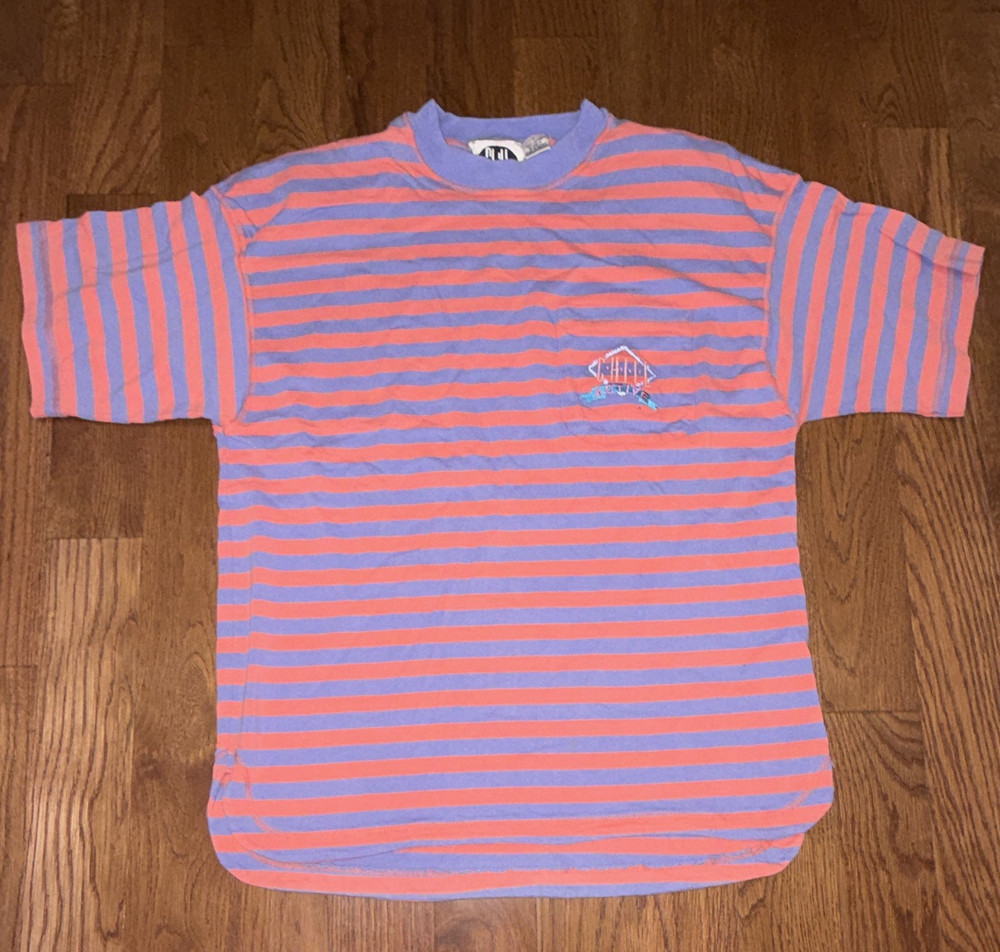 CHILL Purple Pink Striped Pocket Embroidered Cotton Knit Crew Neck T-Shirt L