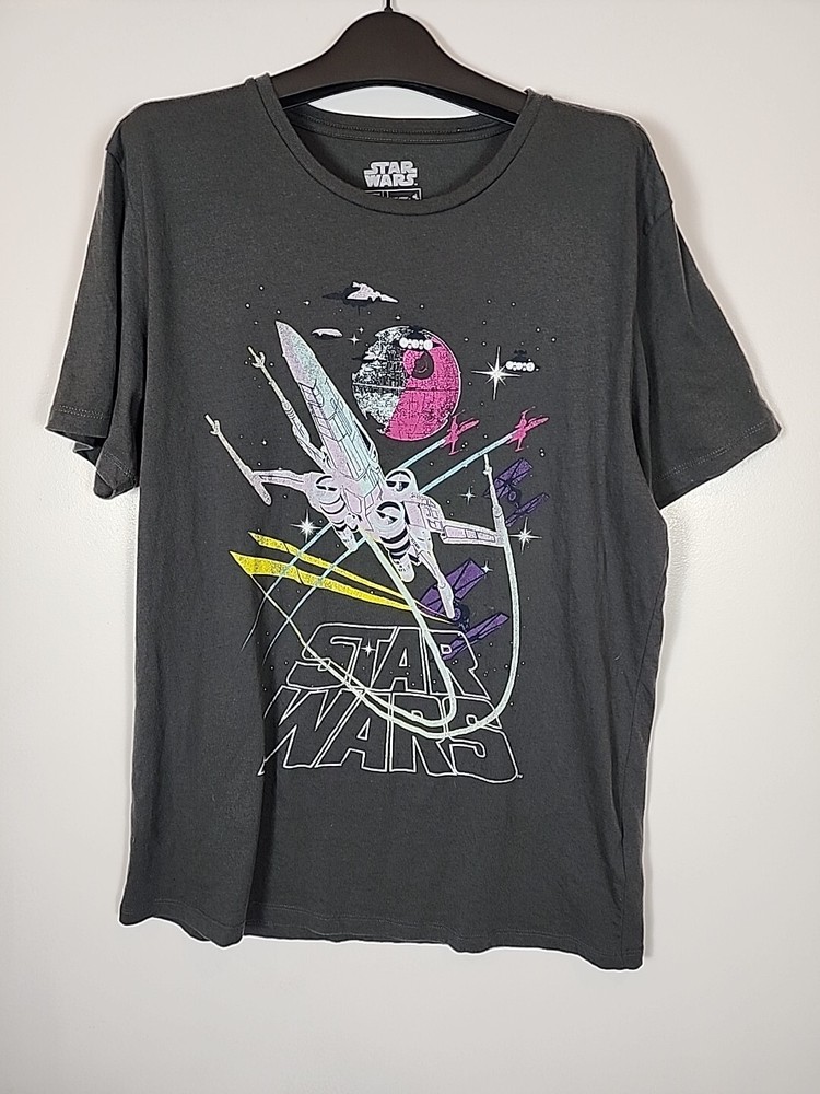 Star Wars TShirt Unisex Gray Graphic C-Life Group Short Sleeve X Wing Death Star