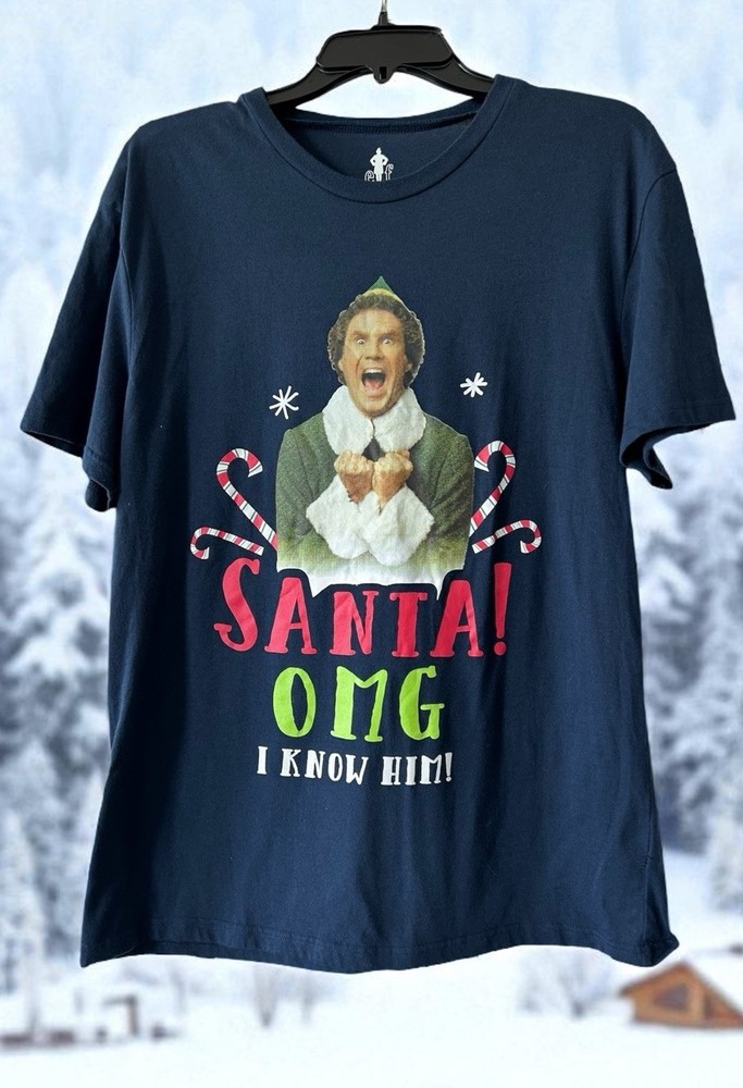 Elf Movie Santas Coming OMG I know Him Short Sleeve Crew Blue Shirt Size Large L