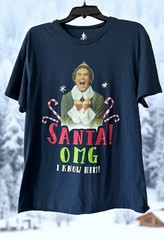 Elf Movie Santas Coming OMG I know Him Short Sleeve Crew Blue Shirt Size Large L