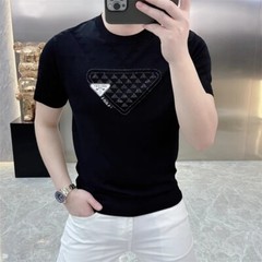 New Men Luxury Diamond Rhinestones Black White T-Shirt High Quality