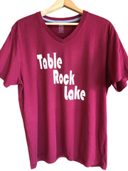 Upcycled Table Rock Lake T-shirt w/ Marinas & Landmarks Graphic, Magenta Size L