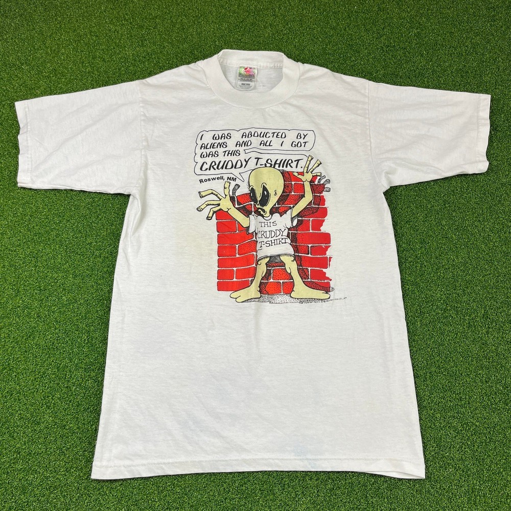 Vintage 90s Fruit of the Loom White Alien Character Cruddy T-Shirt Sz S