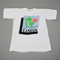 Vintage 70s 80s Cancun Mexico Beach Vacation Art White T-Shirt Large