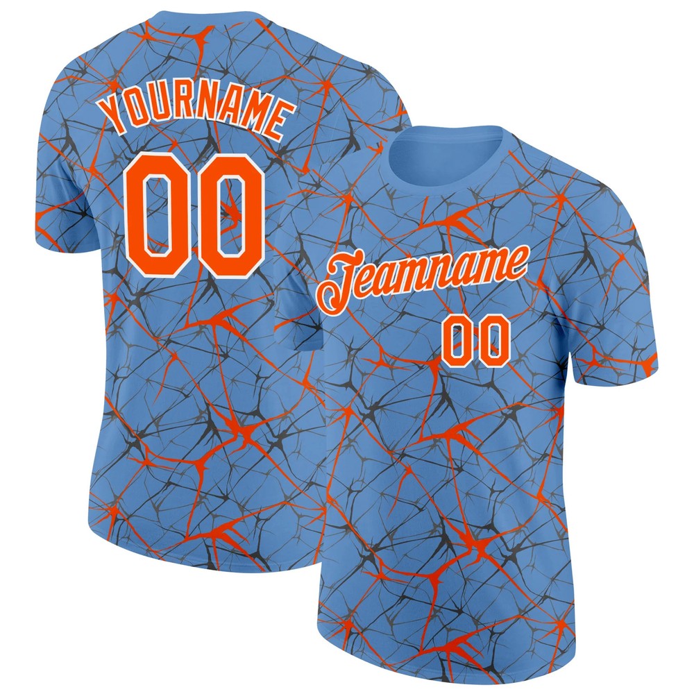 Custom Light Blue Orange Abstract Crackle Sports Tee Personalized Jersey