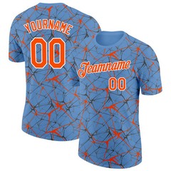 Custom Light Blue Orange Abstract Crackle Sports Tee Personalized Jersey