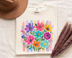 Colorful Floral Graphic Tee Hand Painted Flower Shirt Sea Foam Comfort Colors