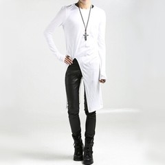 Men Asymmetric Longline T-shirt Tee Split Casual Top Shirt Long Sleeve Slim Sexy