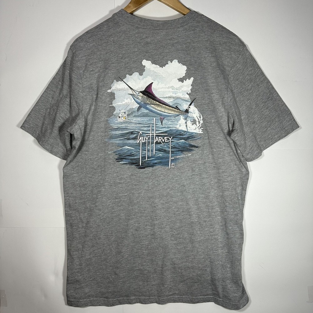 Guy Harvey Mens Shirt Large Gray Graphic Pocket Tee Marlin Fishing Short Sleeve