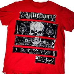 Affliction T Shirt Men XL Red Black Gray Silver Foil Patch Skull USA Distressed