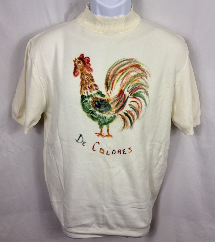 Vintage 70s BVD Ban-Lon Shirt Men’s Small Beige Mock Neck Rooster De Colores