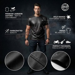 Men’s Genuine Lambskin Leather T-Shirt Black White Classic Leather Tee All sizes