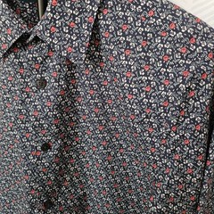 Perry Ellis Men’s SMALL Buttom Up Shirt Long Sleeve Navy/Flowers 100% Cotton