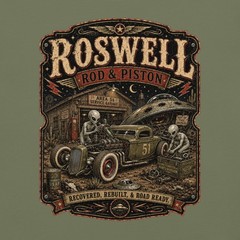 Roswell Rod & Piston Alien Garage T-Shirt Hot Rod Flying Saucer UFO Tee S-4XL