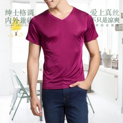 Men 100% Mulberry Silk Knitted V Neck T Shirts Underwear Short Sleeve Tops Shirt