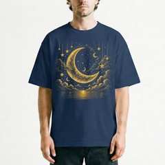 Golden Crescent Moon Stars T-Shirt Mystic Night Sky Reflection Tee