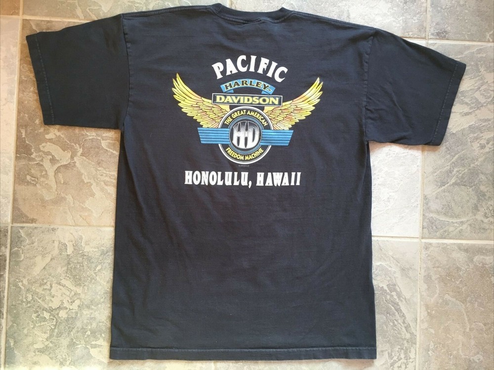 VTG Pacific Harley Davidson T Shirt Honolulu Fire Eagle 1996 & 03 Men’s XL Black