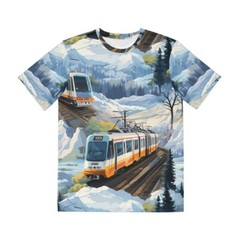 All Over Print T Shirt Winter Train Scene Art Locomotive Railcar Railroad Snow
