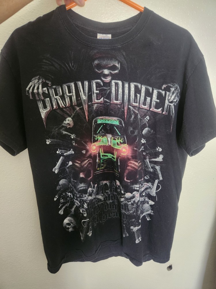 Vintage Y2K GRAVE DIGGER Monster Truck Grunge Skull Black T-shirt Adult S Small