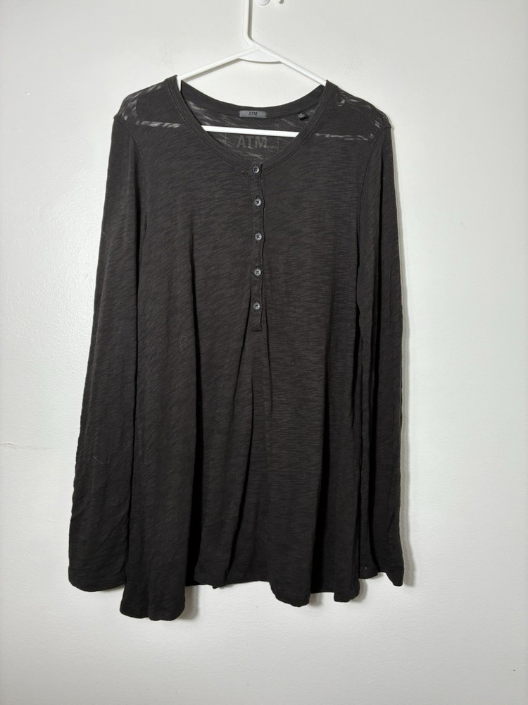ATM Long Sleeve Linen Henley Shirt Men’s Large Black Minimalist