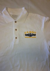 US Navy SUBMARINE SERVICE Embroidered Golf Shirt Sub Vet SILVER Dolphins WHITE
