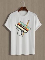 Men Retro Cassette Print T-Shirt – Casual Crew Neck, Slight Stretch, Summer Top❀